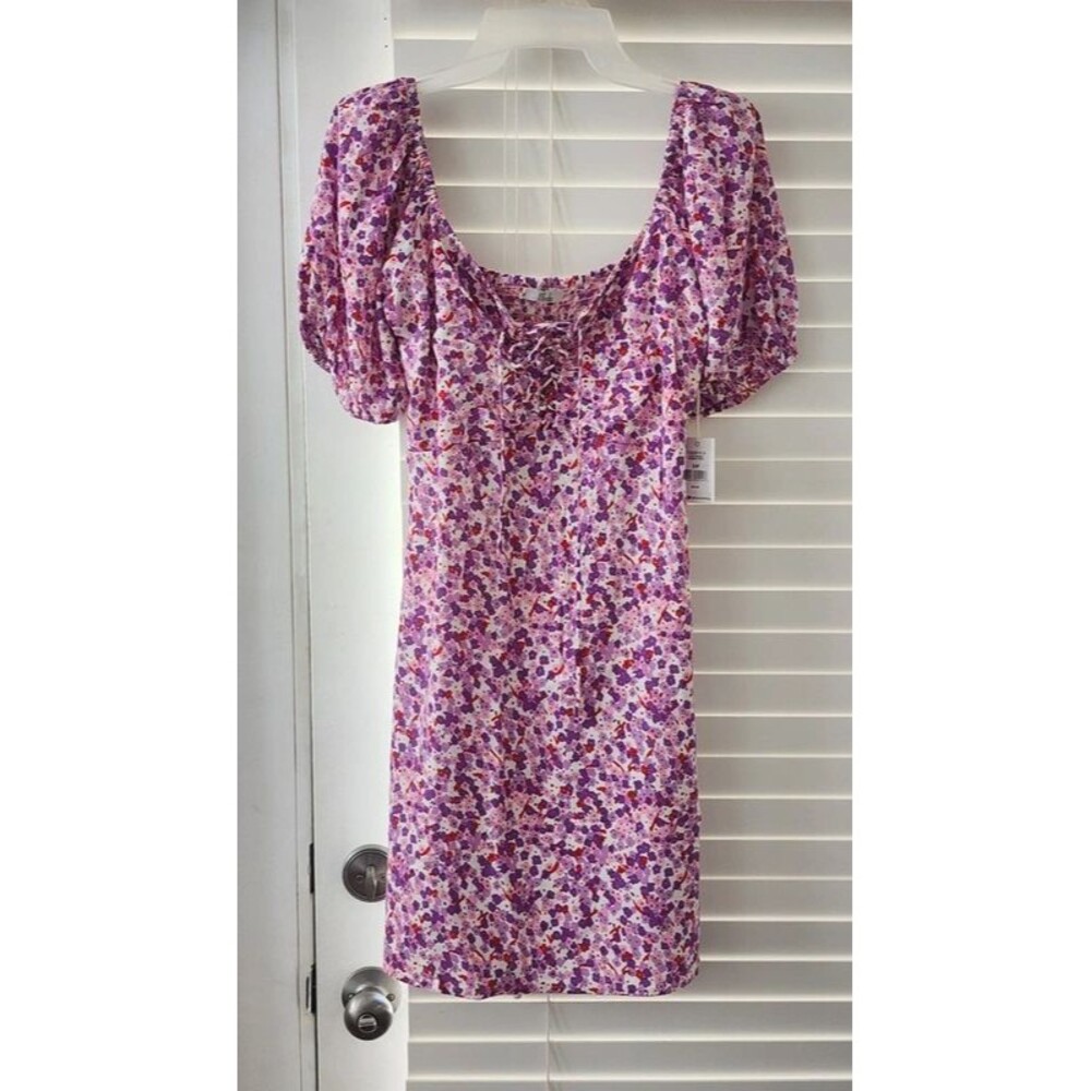 Dex Womens Small Floral Mini Dress Purple Pink Puff Sleeve Lace Up Boho NWT